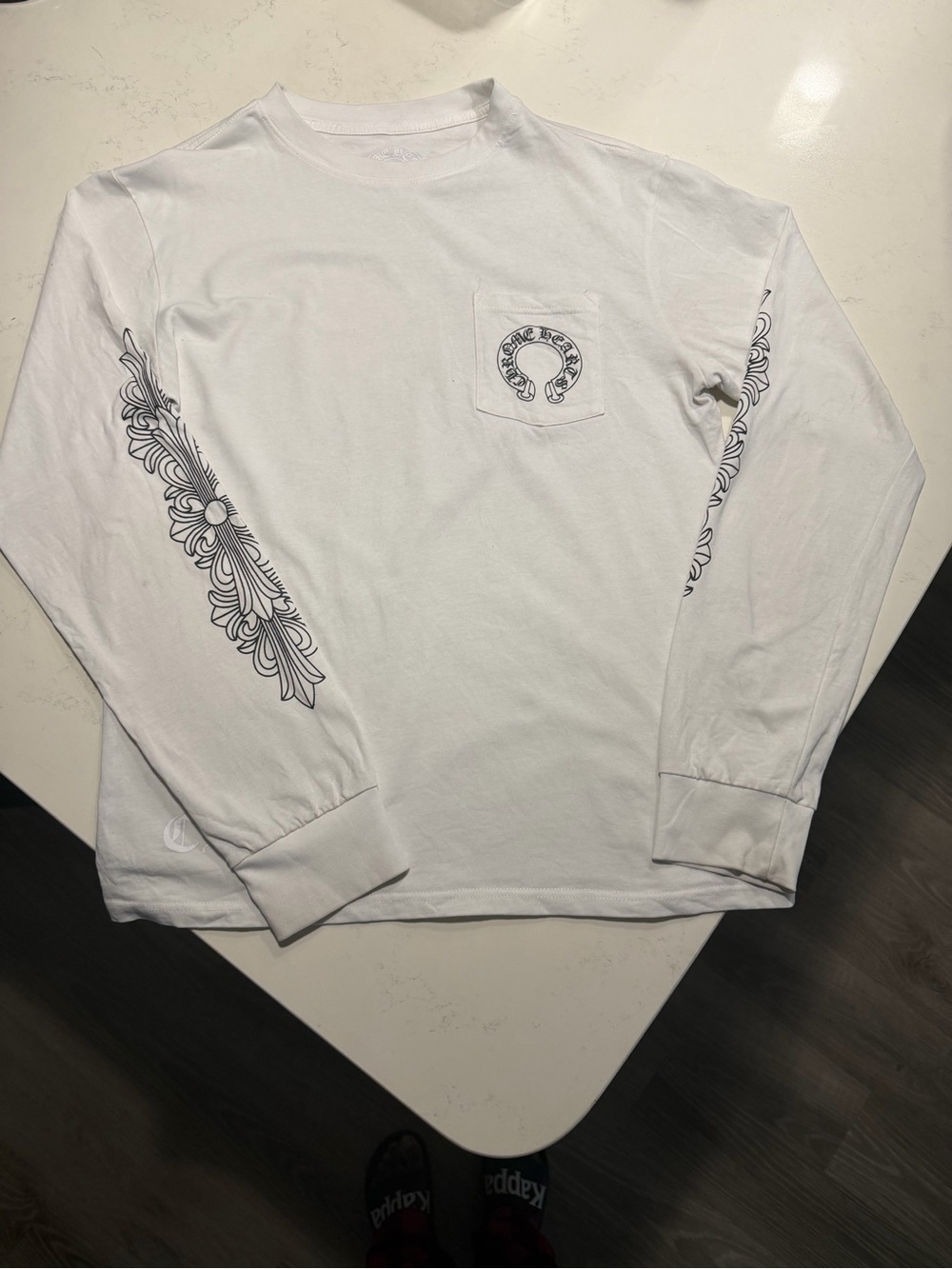Chrome heart White Long-Sleeve Pocket Tee with Black Sleeve Motif